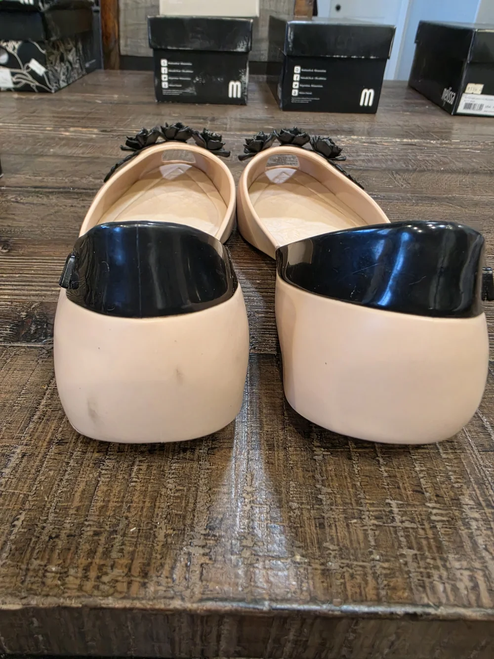 Melissa Nude Peep-Toe Flats with Black Floral Appliqués